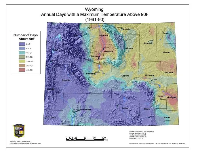 Map showing average number of days per year with temperatures above 90°F in Wyoming