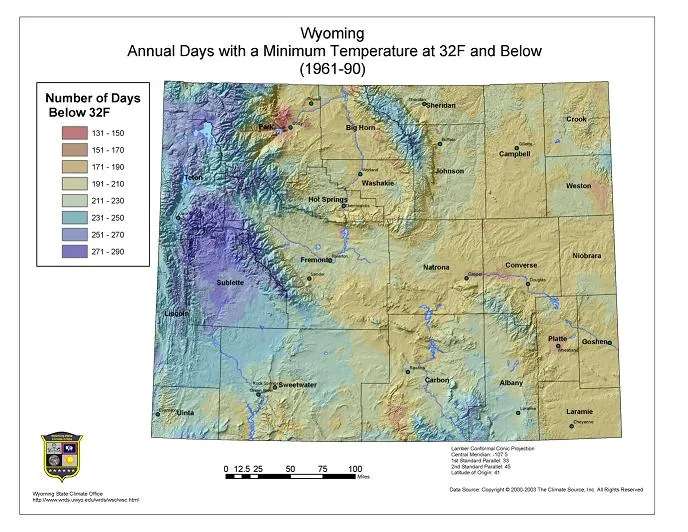 Map showing average number of days per year with temperatures at or below 32°F in Wyoming