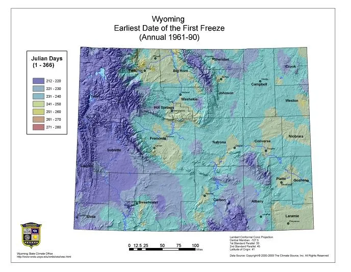Map showing earliest expected freezing date in Julian Days in Wyoming