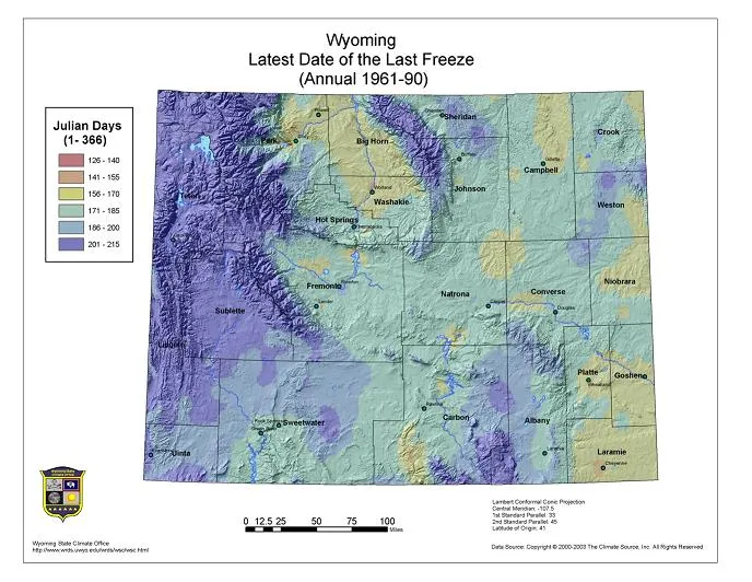 Map showing latest expected freezing date in Julian Days in Wyoming