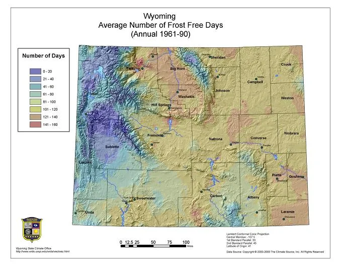 Map showing mean number of annual frost-free days in Wyoming
