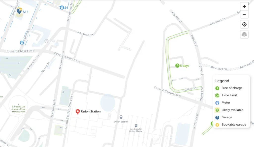 Map showing parking near Union Station Los Angeles.