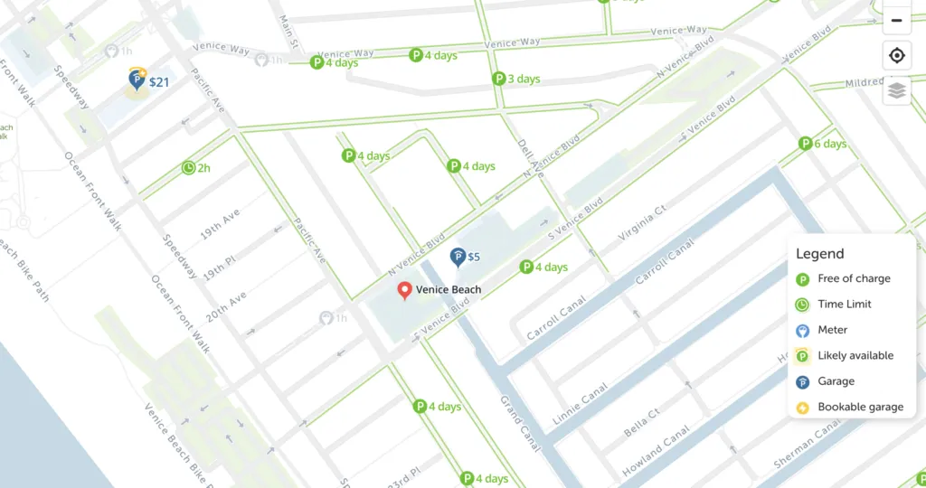 Map showing parking near Venice Beach Pier.