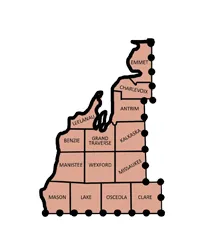 Map showing the Northwest region of Michigan for local food and travel guides, helpful for finding places to visit in Michigan
