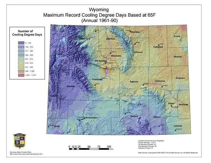 Map showing Wyoming maximum annual cooling degree days