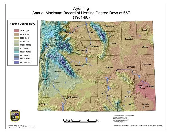 Map showing Wyoming maximum annual heating degree days