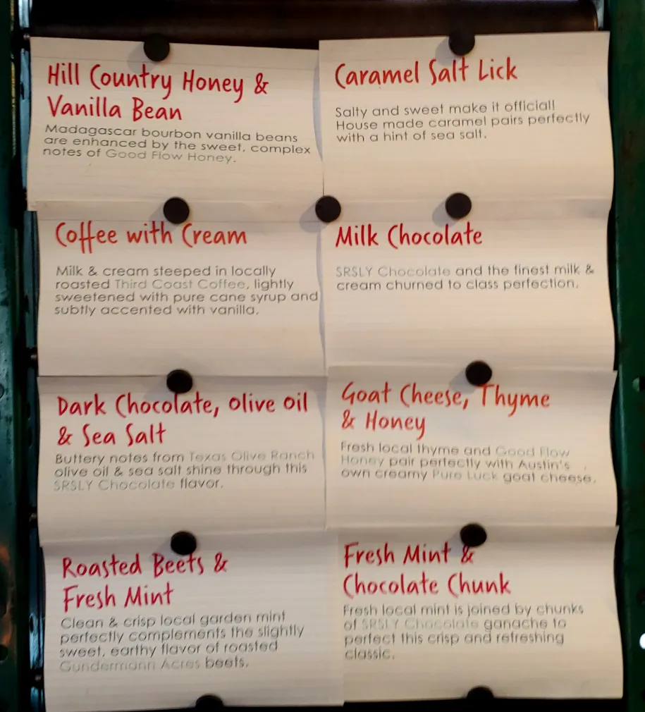 Menu board showing everyday flavors at Lick Honest Ice Creams