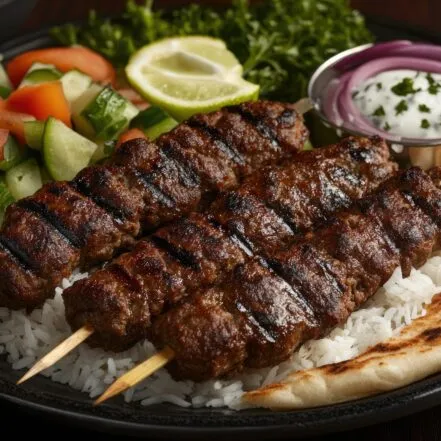 - Middle Eastern Kofta skewers cooking on a grill, a delicious dish taught in metro detroit cooking classes.