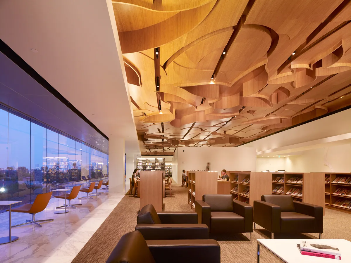 Modern reading room inside the West Hollywood Library.