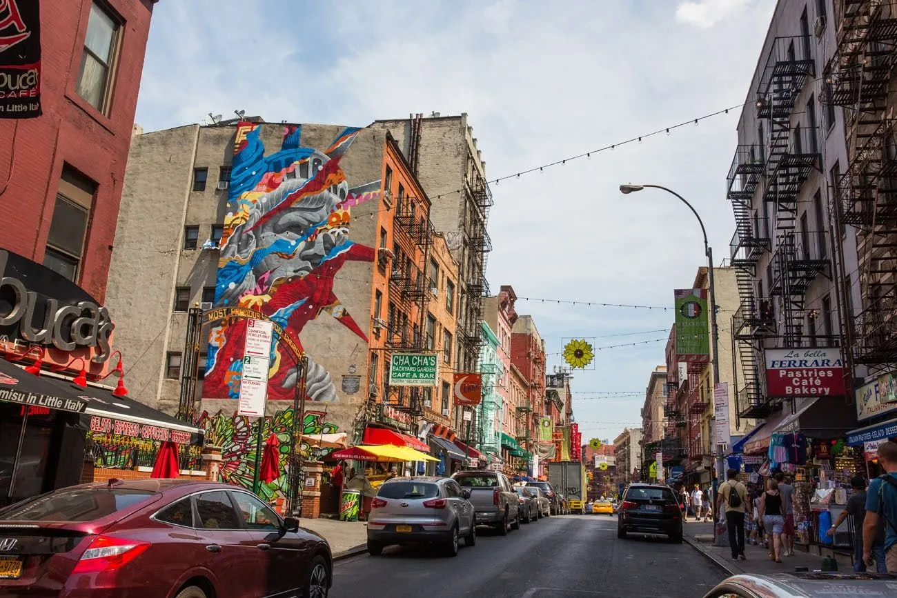 Mulberry Street in Little Italy with festive decorations
