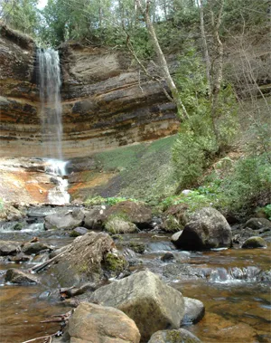Munising Falls cascading waterfall in Michigan
