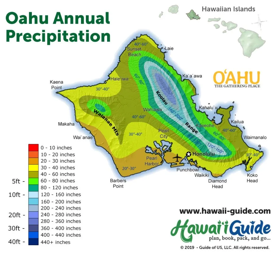 Oahu Annual Precipitation Map highlighting dry southwestern coast