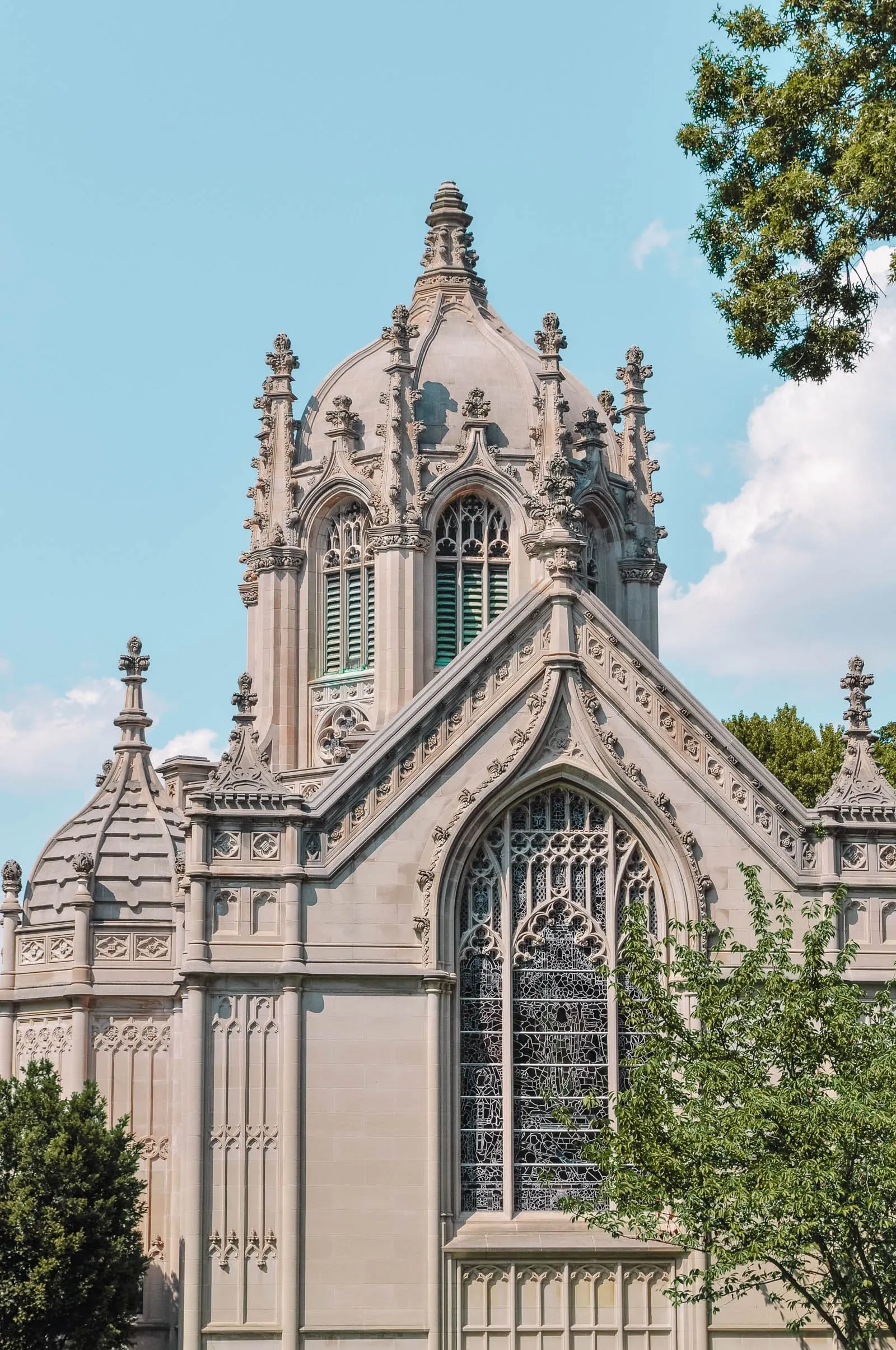 Ornate mausoleums and statues in Green-Wood Cemetery, a unique historical site in Brooklyn
