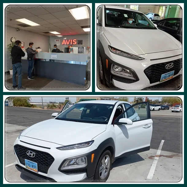 Our rental car, a Hyundai Kona from AVIS, ready for the road trip from Los Angeles