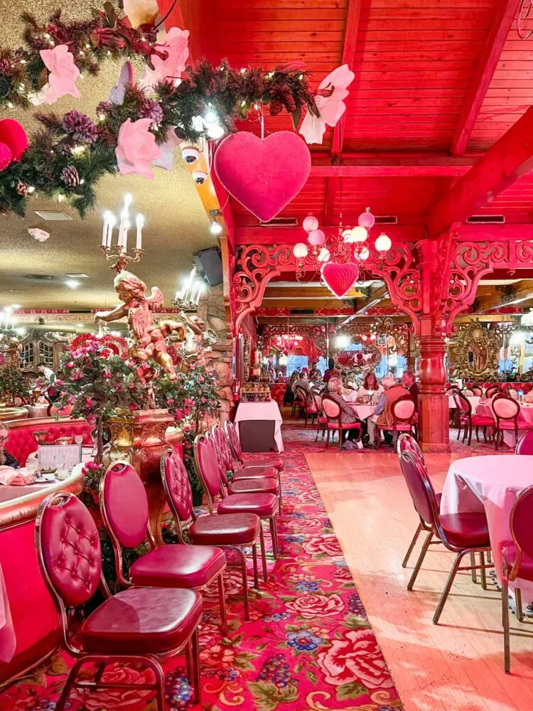 Outdoor view of Madonna Inn with pink details