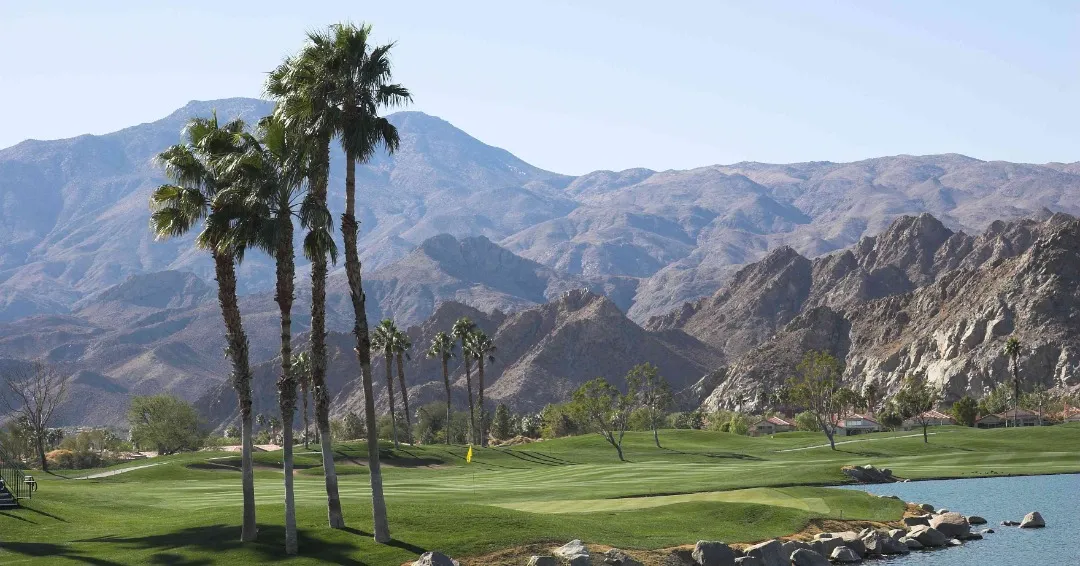 Palm Springs city view with palm trees and mountains