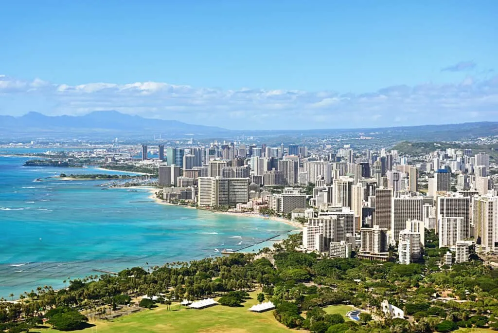 Panoramic view from the top of Diamond Head showing Waikiki and the coast