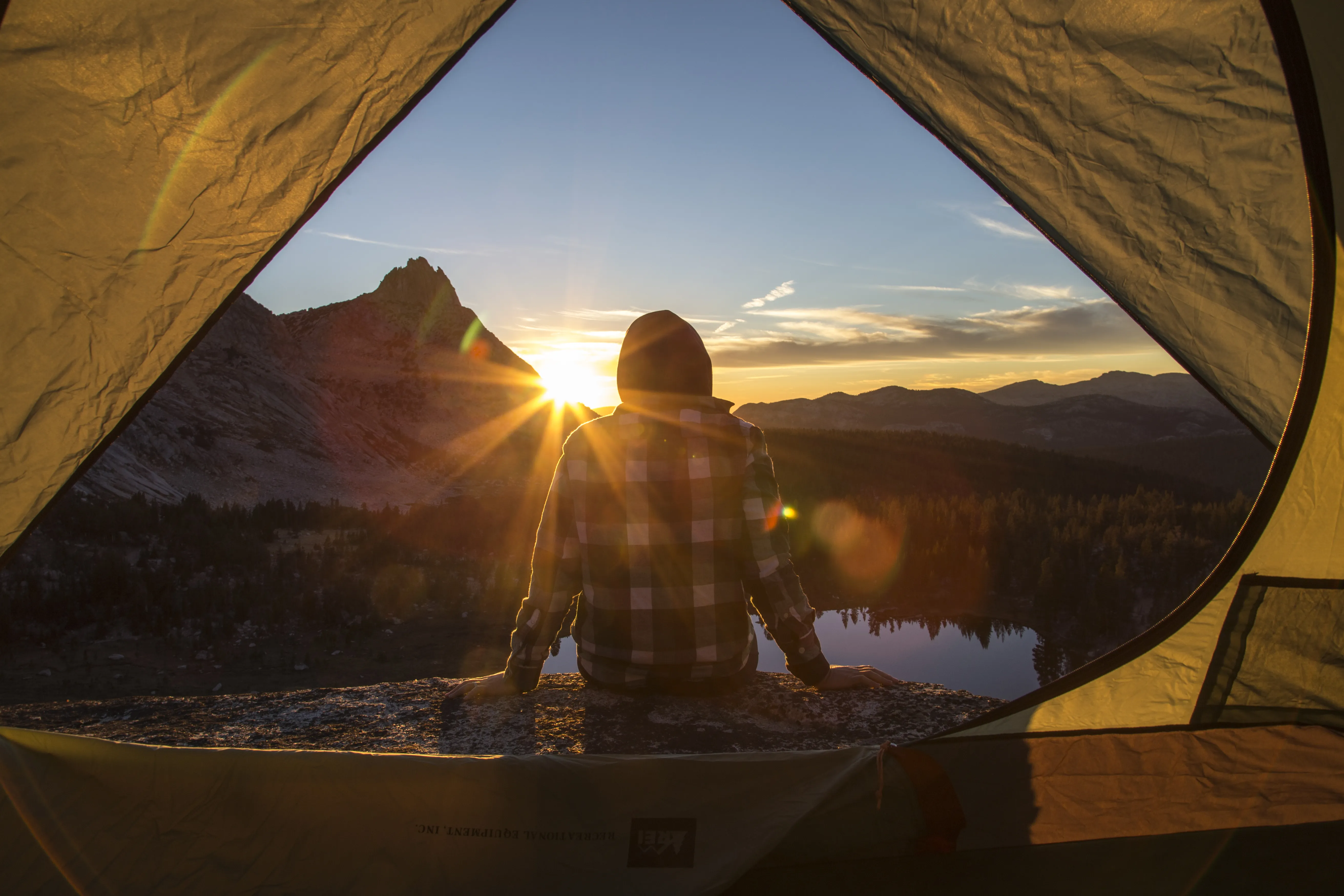 Panoramic view of alpine lakes and granite peaks in the High Sierra