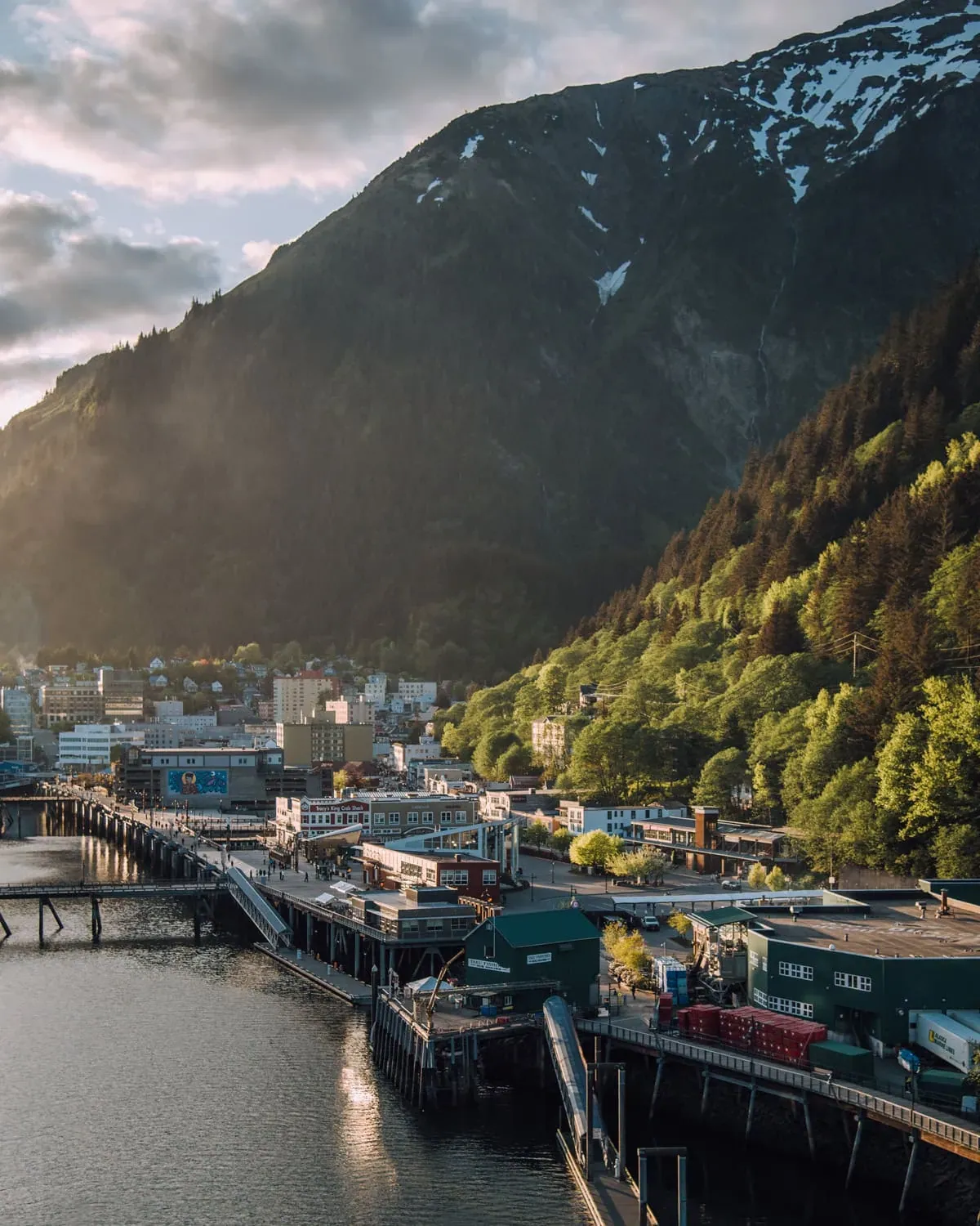 Panoramic view of Juneau, Alaska, the state capital, situated between mountains and water
