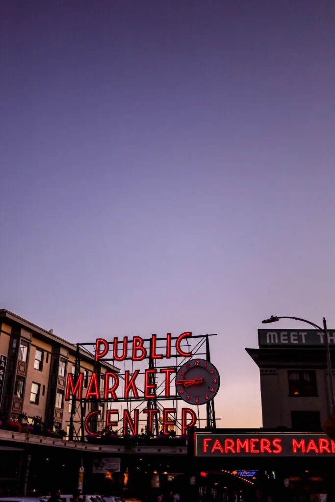 Panoramic view of Pike Place Public Market at sunset in Seattle, Washington