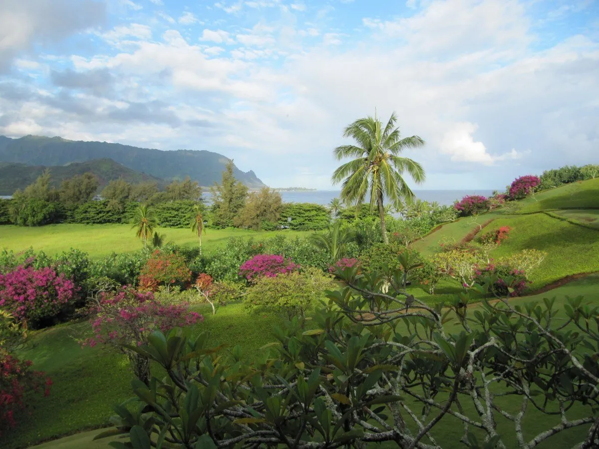 Panoramic view of the green mountains surrounding Hanalei Bay in Kauai.