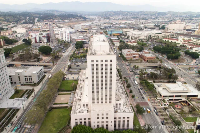 Panoramic view of the Los Angeles skyline from an observation deck