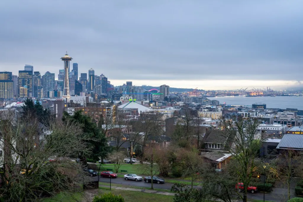 Panoramic view of the Seattle skyline from Gasworks Park, featuring Lake Union and downtown buildings during a Seattle Weekend Trip