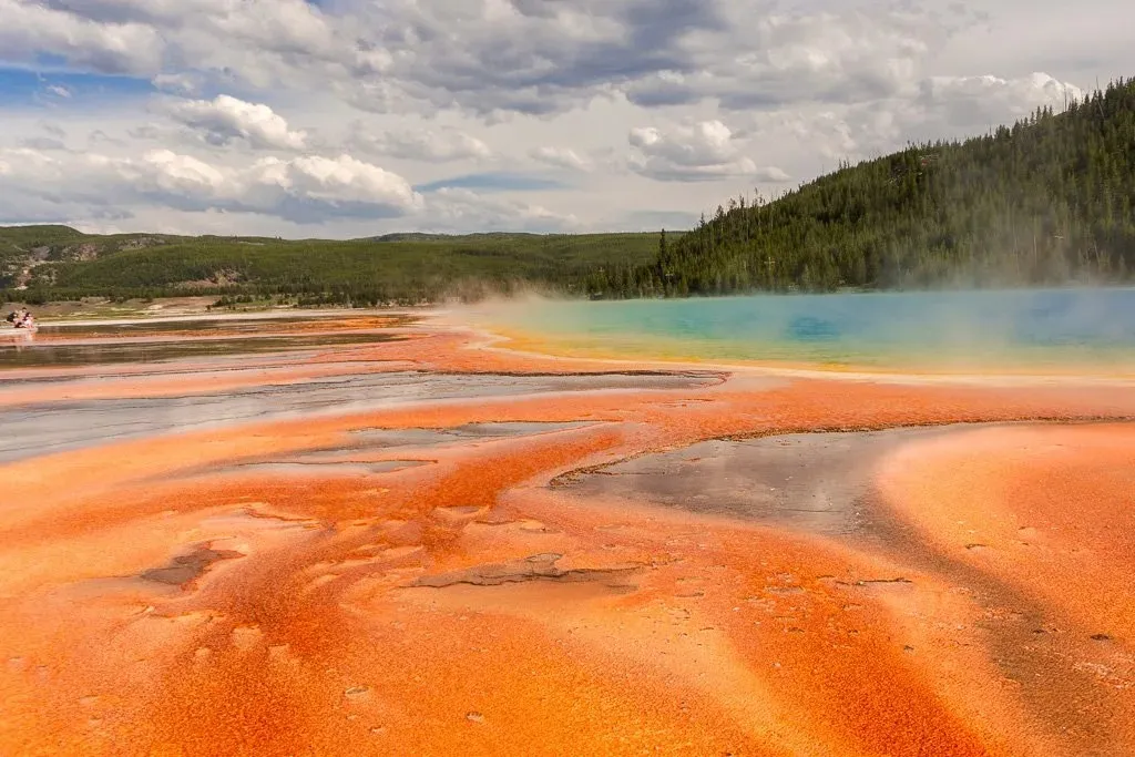 Panoramic view of the vibrant Grand Prismatic Spring in Yellowstone National Park, Wyoming