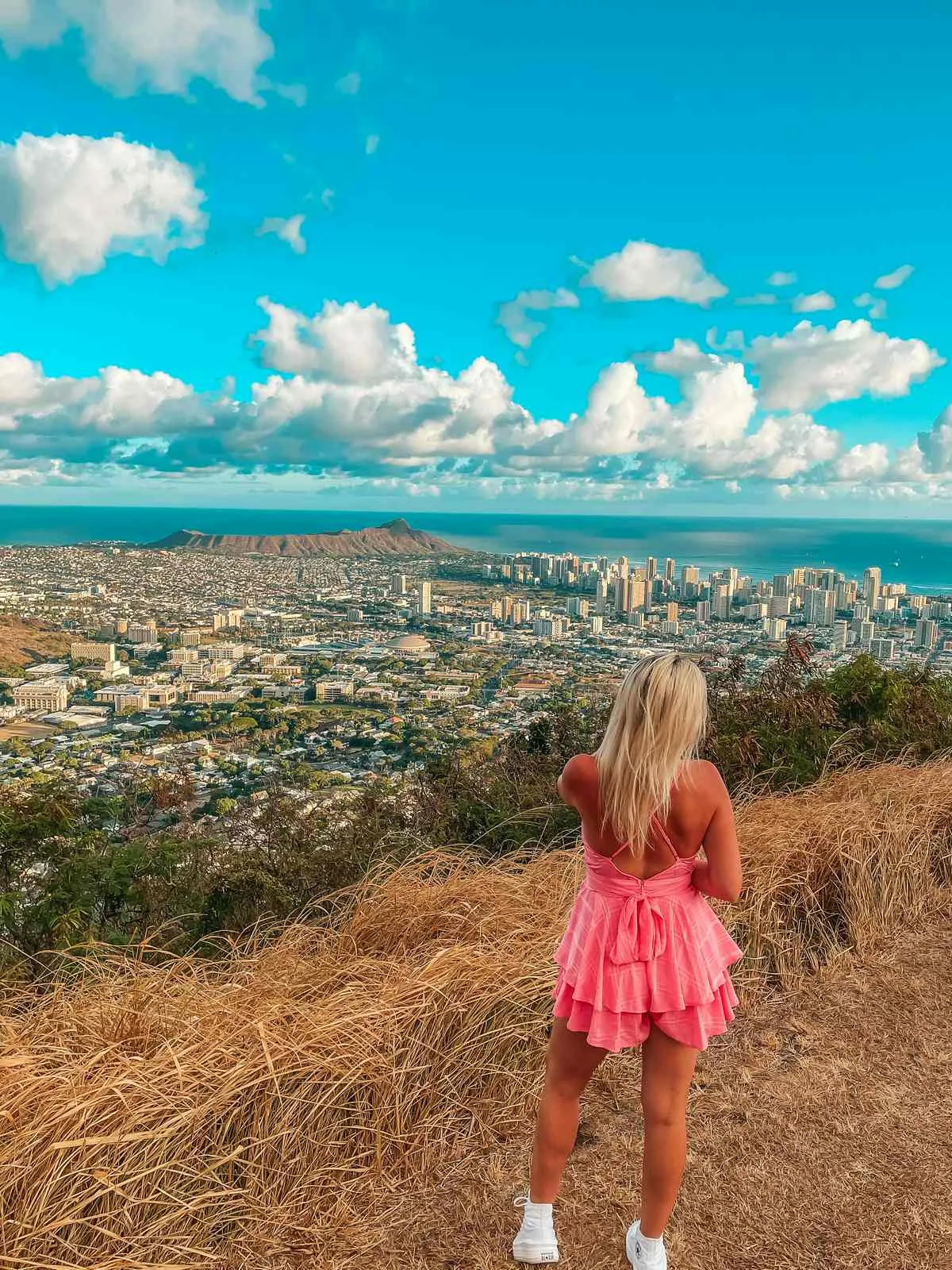 Panoramic view of the Waikiki skyline and Diamond Head from Tantalus Lookout