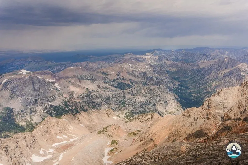 Panoramic views from the summit of Middle Teton after a strenuous ascent in Wyoming
