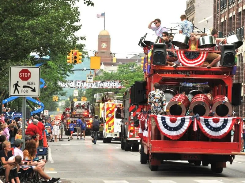 Parade float with cherries at the National Cherry Festival in Traverse City, Michigan