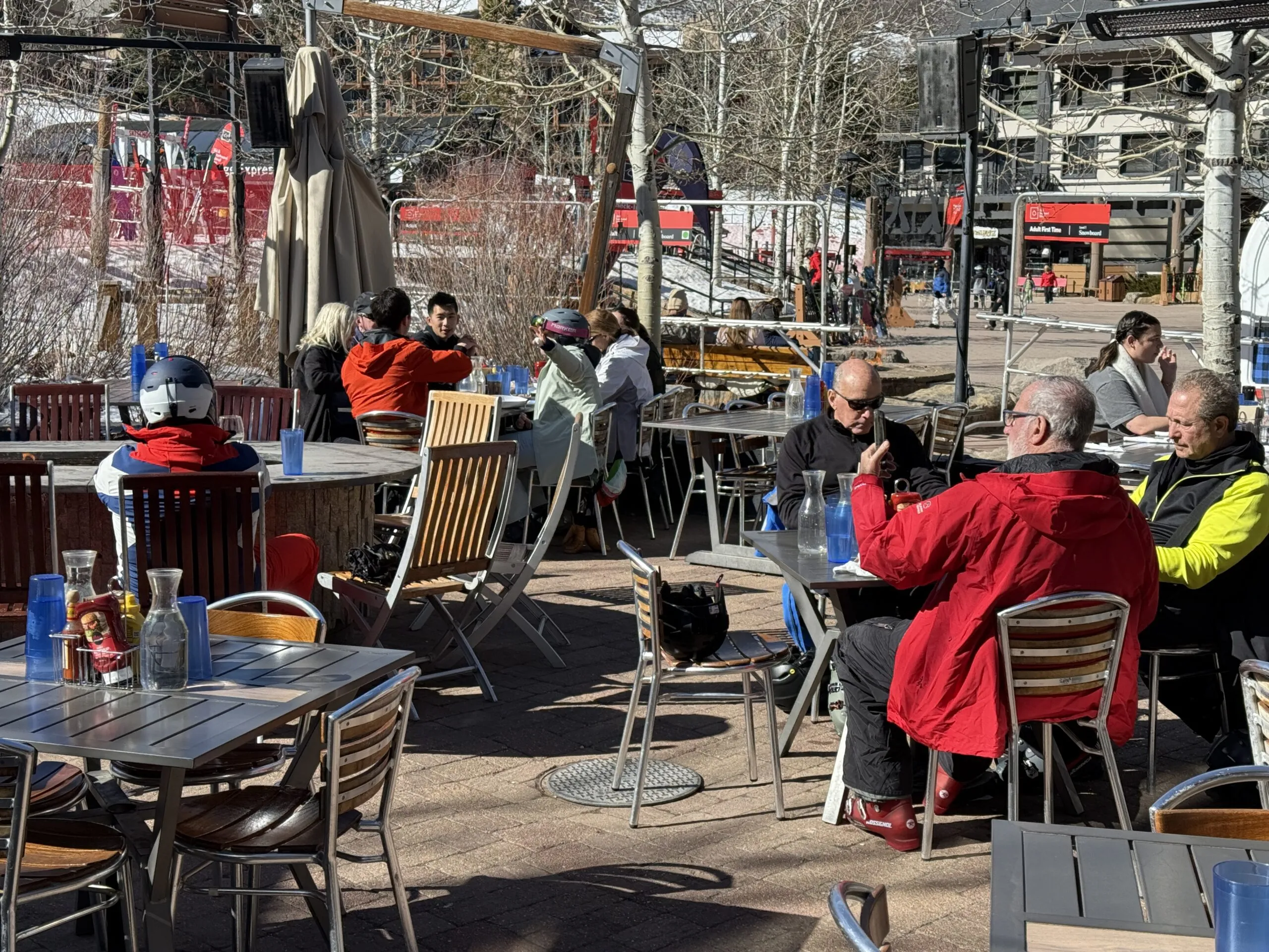 Patio seating with fire pit at Basecamp Bar &amp; Grill