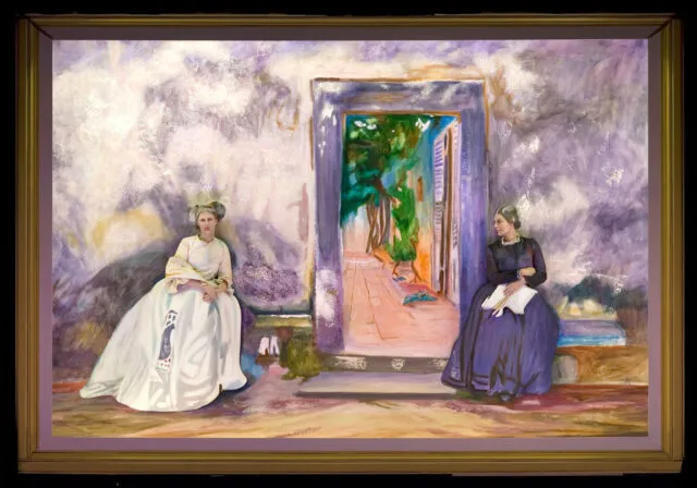 People posed to recreate a famous painting on a stage