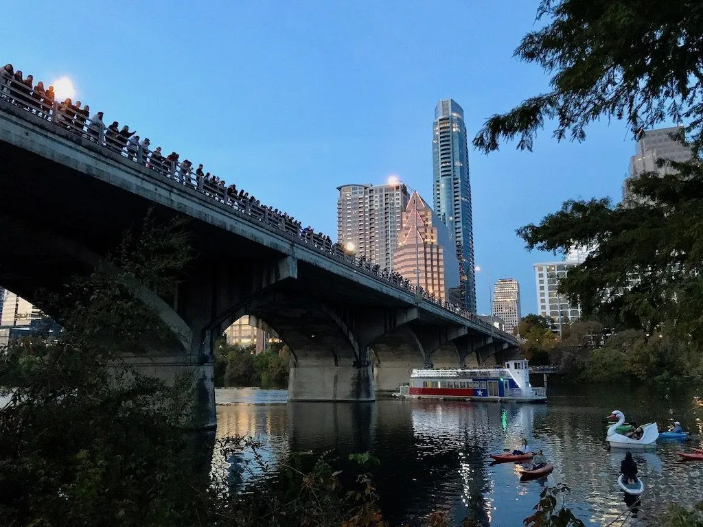 People waiting on the Congress Avenue Bridge in Austin to watch the nightly bat emergence