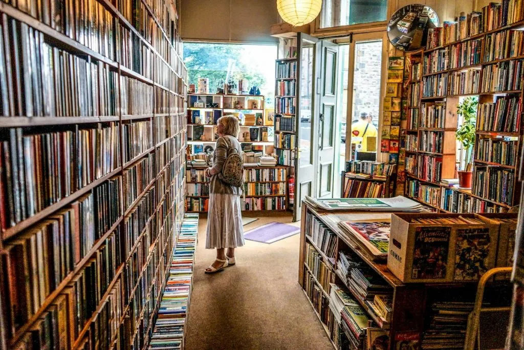 Person browsing shelves of used books in a cozy independent bookstore in NYC