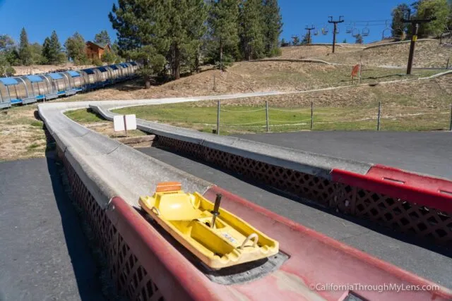Person riding a sled down a concrete track (Alpine Slide)