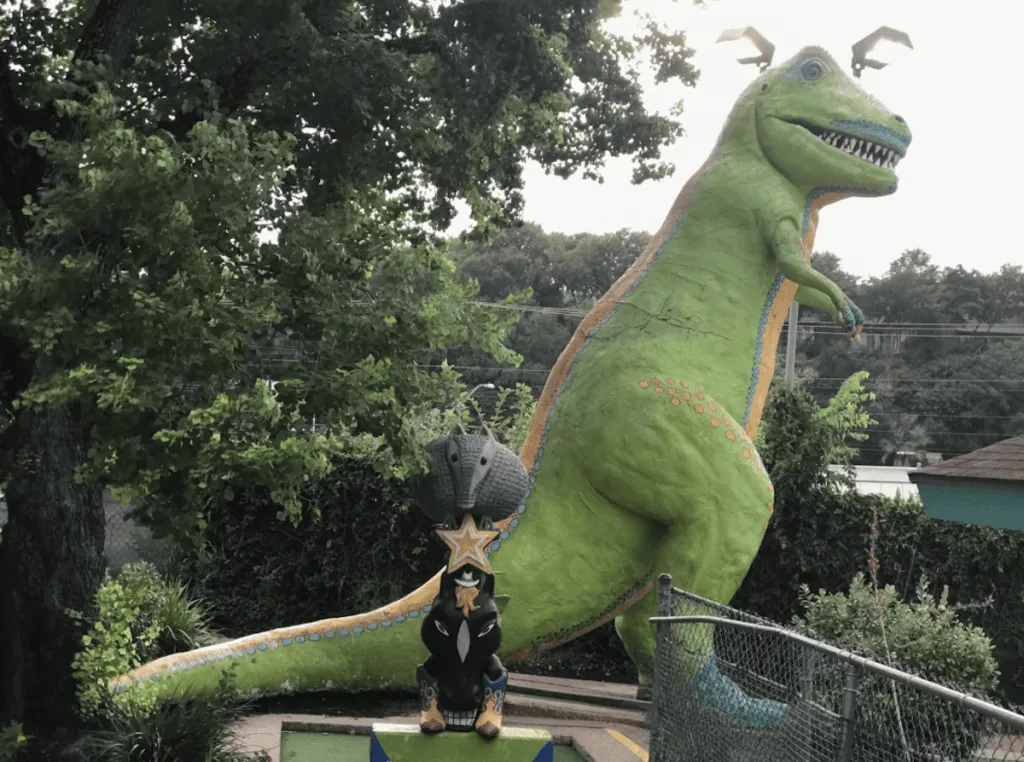 Peter Pan statue and windmill at Peter Pan Mini Golf in Austin