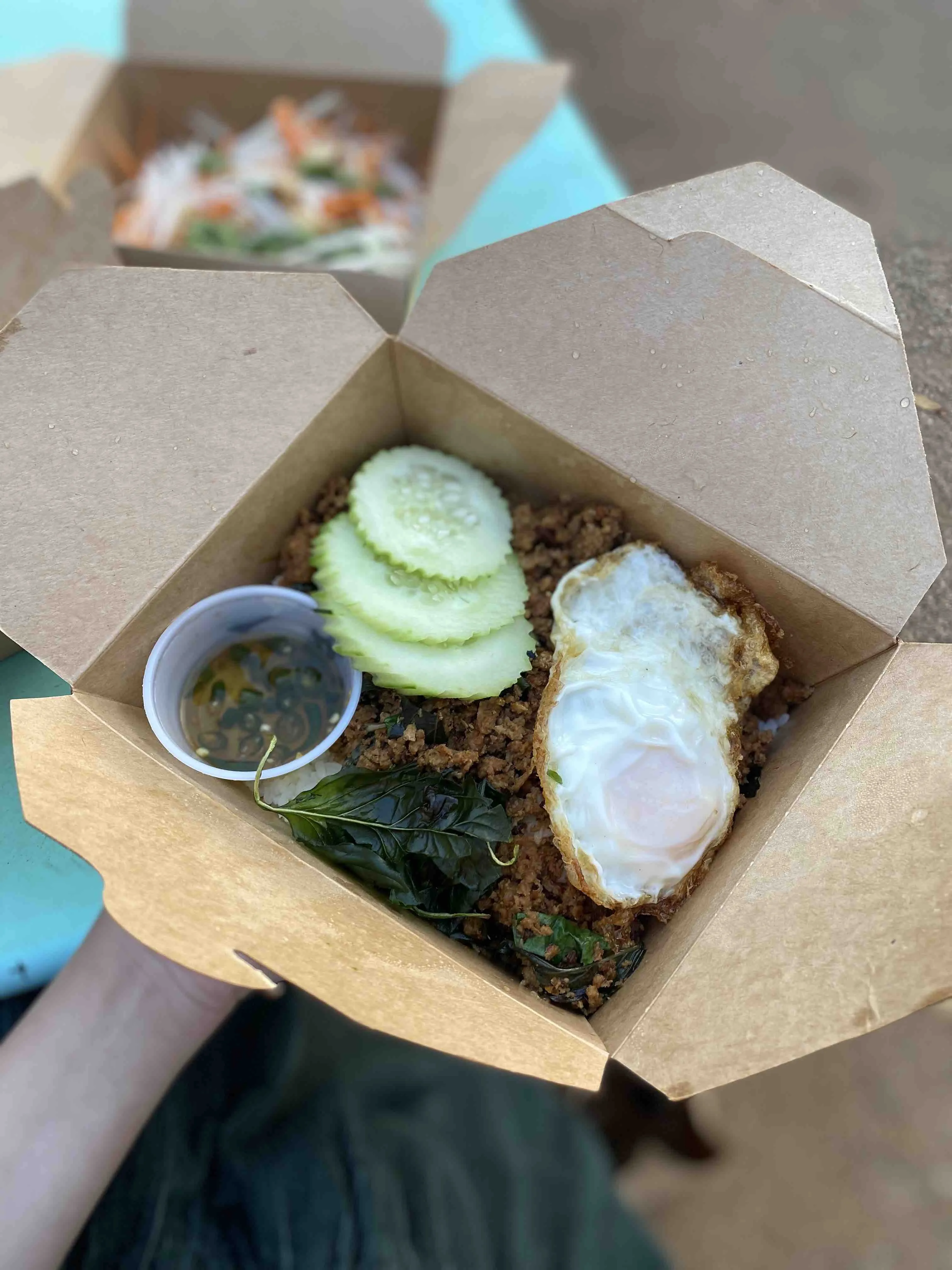 Plate of Pad Kaprow with rice and a fried egg from Dee Dee ATX food truck in Austin