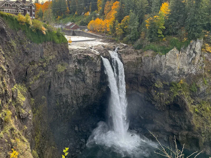 Powerful Snoqualmie Falls cascading down, a popular day trip destination near Seattle