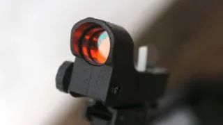 Red dot finderscope attached to a Celestron Starsense Explorer 8-inch Dobsonian telescope