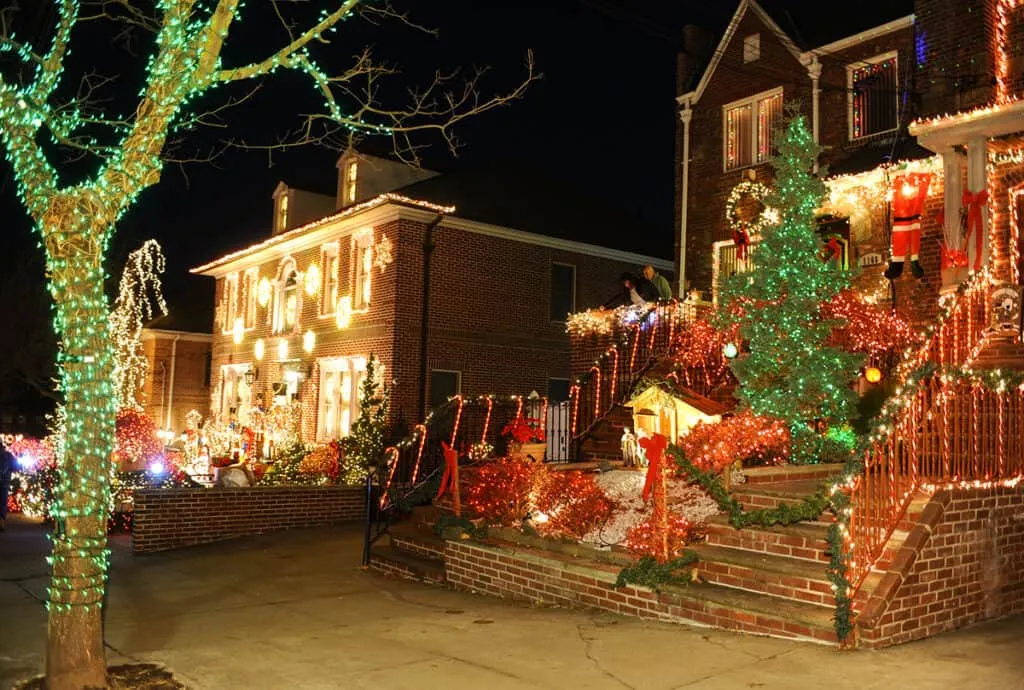 Residential homes in Dyker Heights elaborately decorated with Christmas lights