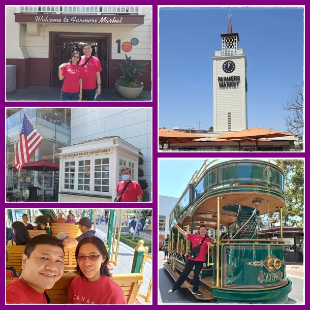 Riding the historic trolley at the Original Farmers Market in Los Angeles, a free activity for backpacker ke los angeles