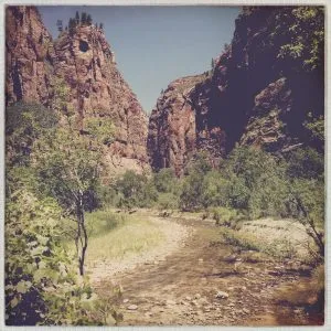 Riverside Walk along the Virgin River in Zion National Park, a peaceful trail enjoyed by the girl from road trip