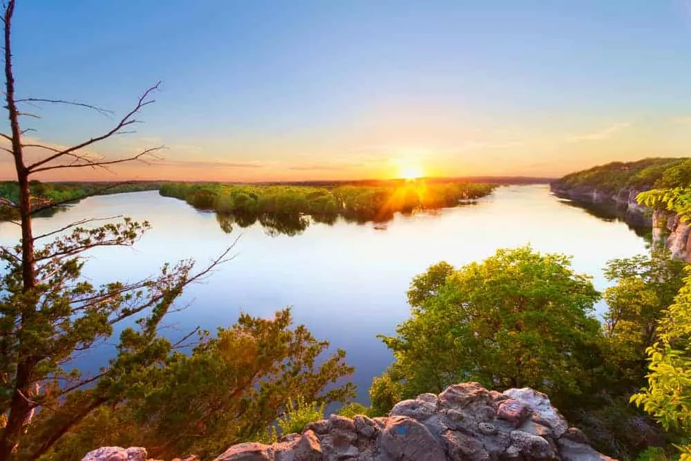 Scenic lake view with wooded hills in the Ozarks region
