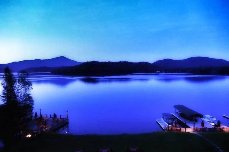 Scenic view of a lake with mountains in the background in the Adirondacks