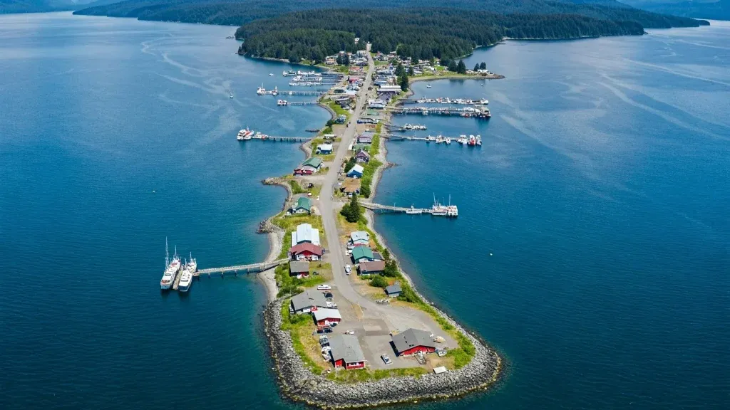 Scenic view of Homer Spit and bay in Homer, Alaska