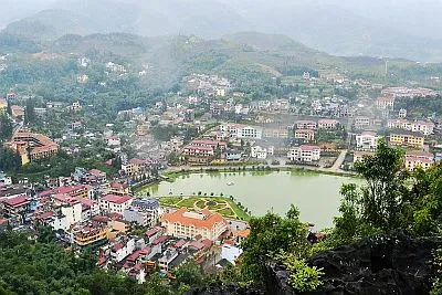 Scenic view of Sa Pa town in the mountains, illustrating the typical Sa Pa temperature and weather conditions
