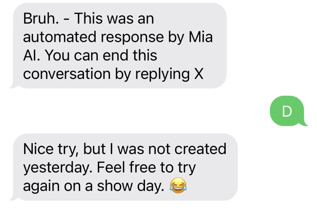 Screenshot of a conversation with the Chevelle Mia AI chatbot.