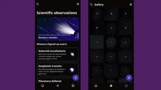 Screenshots of the Unistellar app used to control the eQuinox 2 smart telescope