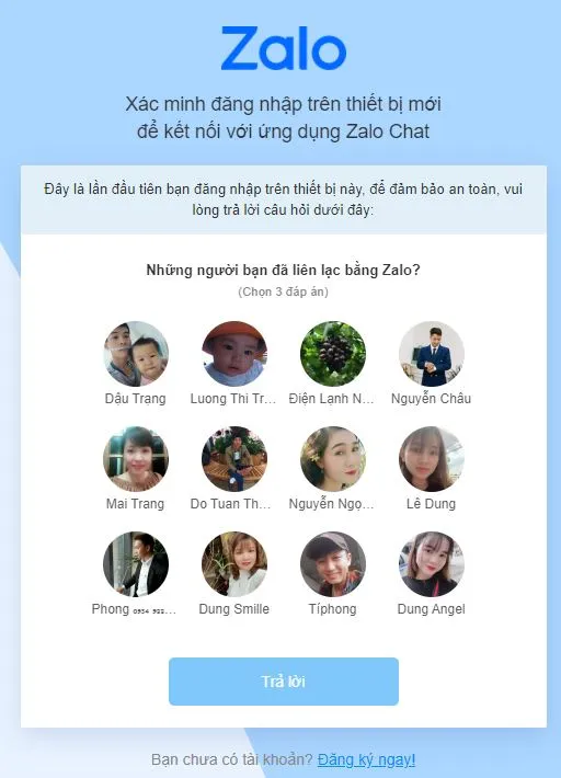 Selecting 3 friends to verify account identity before Zalo Web login